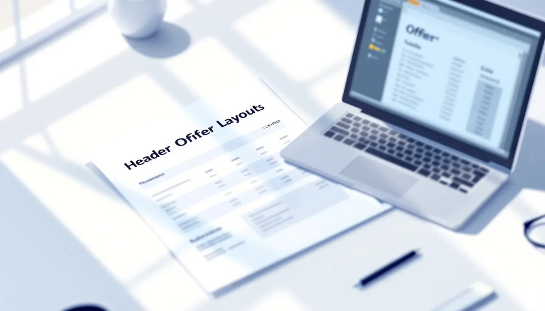 Clean, minimal workspace scene: a printed PDF document with structured offer layout (header, table, totals) lying on a l