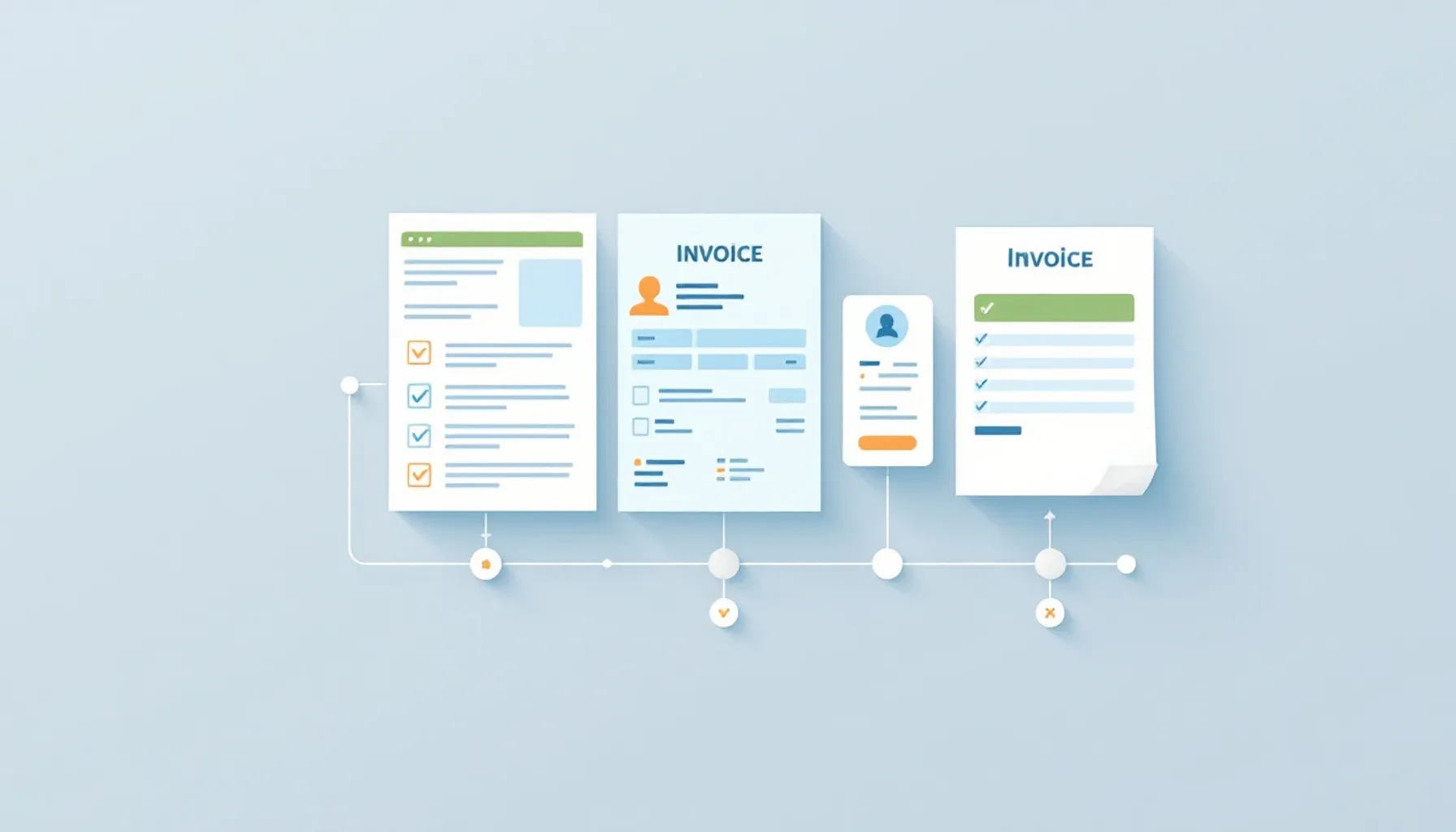 Minimalist flat illustration of a business workflow: organized documents arranged in a logical sequence (offer → order →