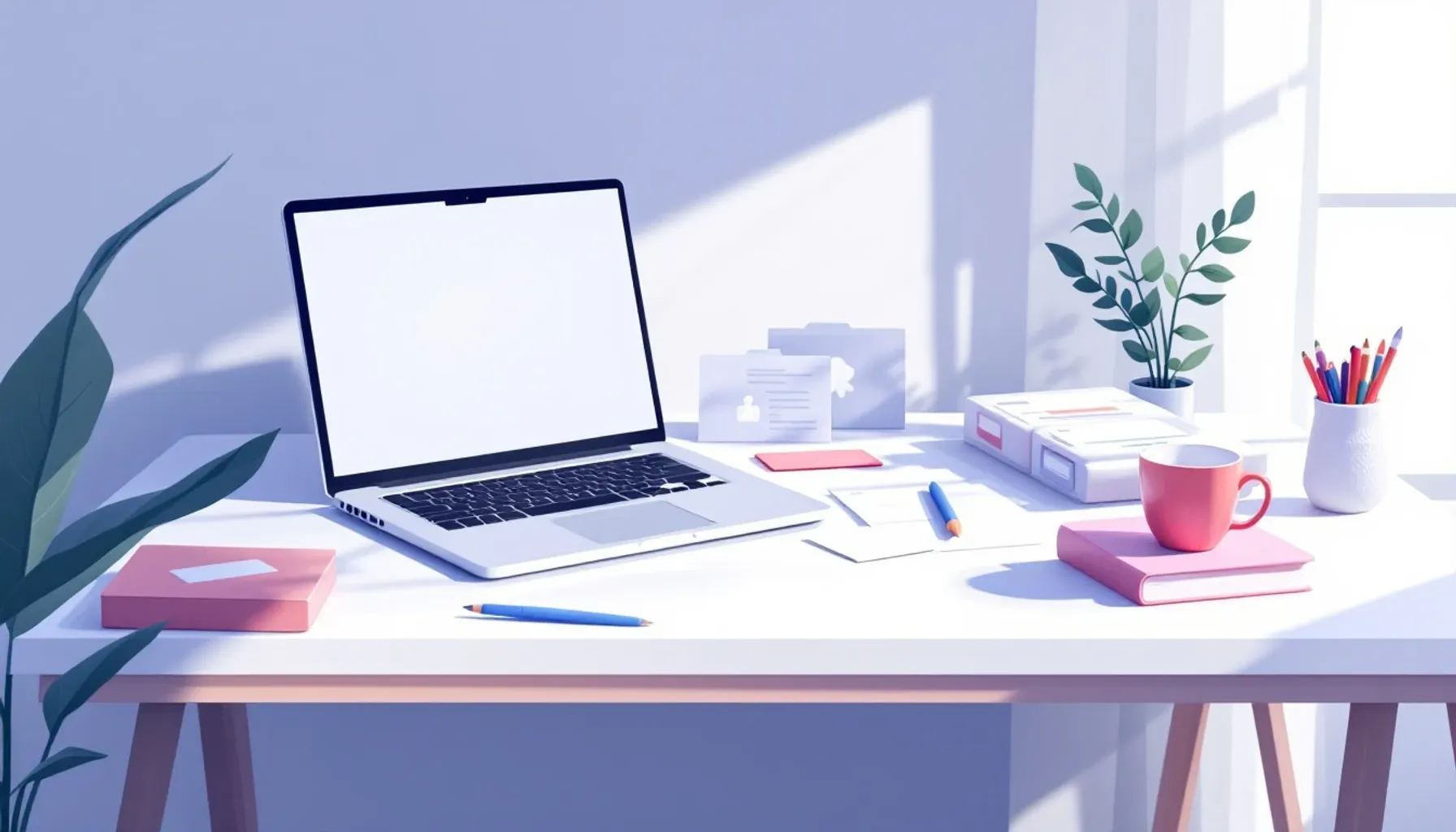 Minimalist desk workspace with a laptop displaying customer data organization, organized file folders, and contact cards