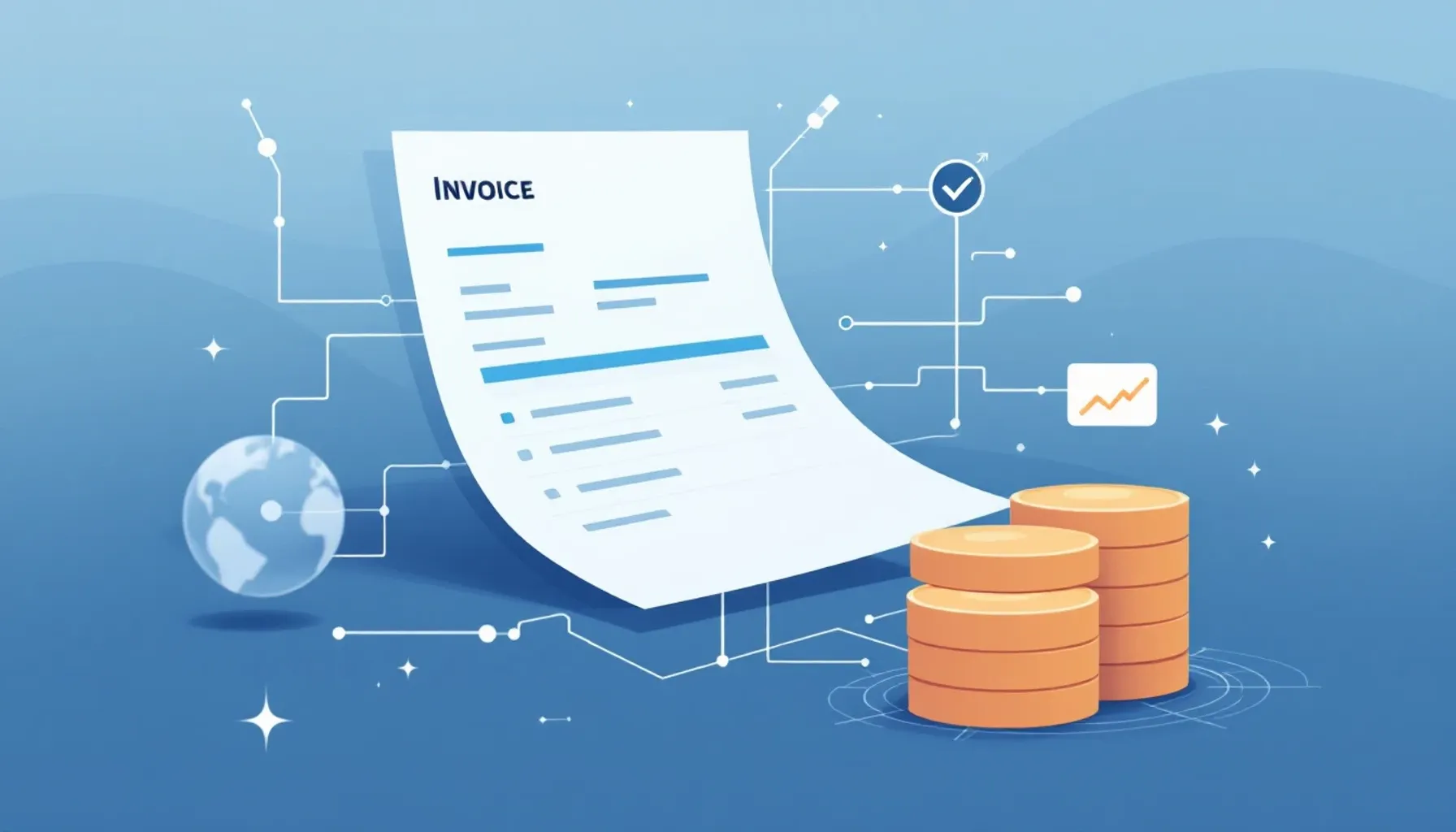 Minimalist flat illustration of a digital invoice document with interconnected nodes and data flow, soft blue and gray c