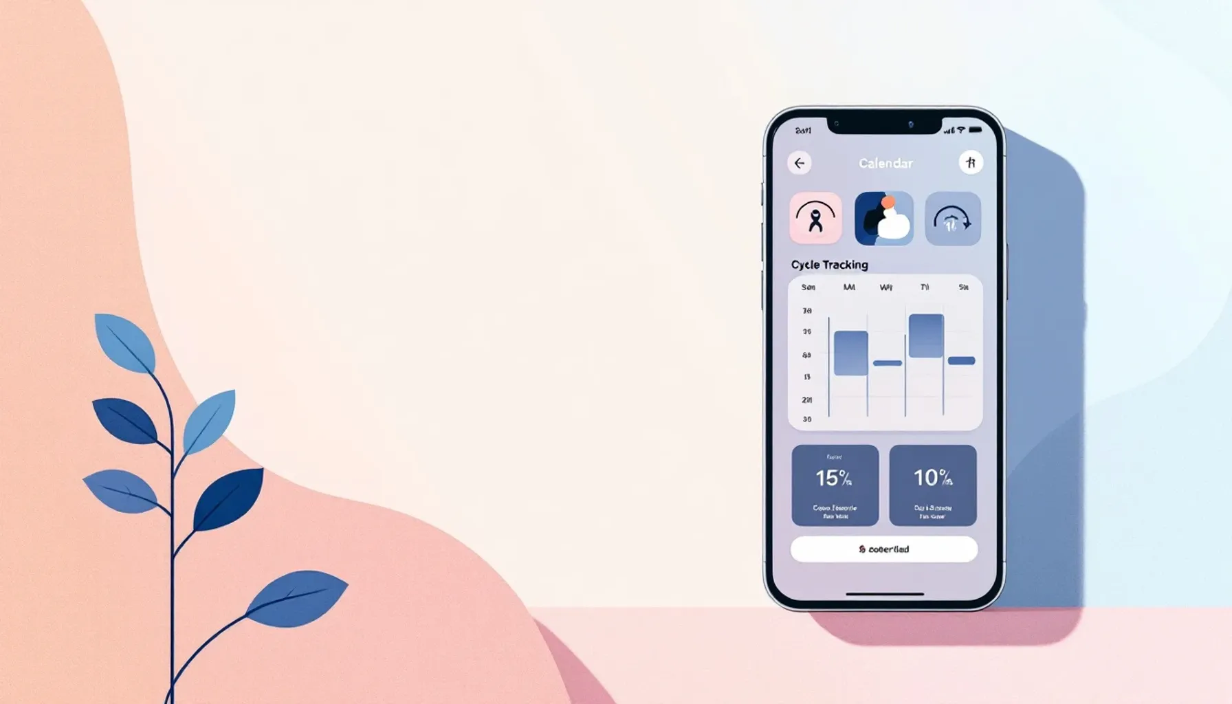 Minimalist flat illustration of a smartphone displaying a calendar interface with cycle tracking elements—soft pink and