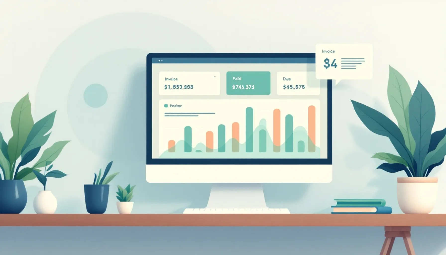 Clean minimal illustration of a digital dashboard showing payment tracking: organized invoice cards with status indicato